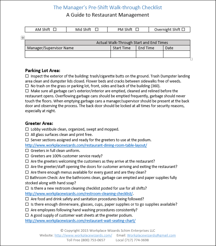 Restaurant Manager WalkThrough Checklist Restaurant Consulting